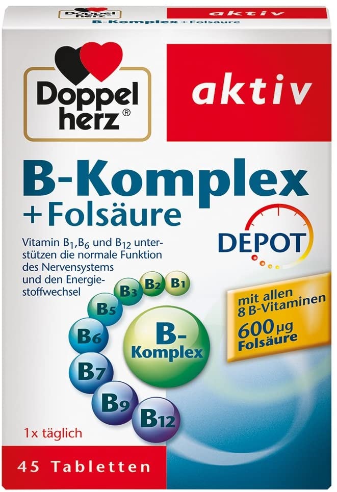 Produktbild von Bewertung Doppelherz B-Komplex DEPOT mit Folsäure – B-Vitamine als Beitrag für die normale Funktion des Nervensystems und den normalen Energiestoffwechsel – 45 Tabletten
