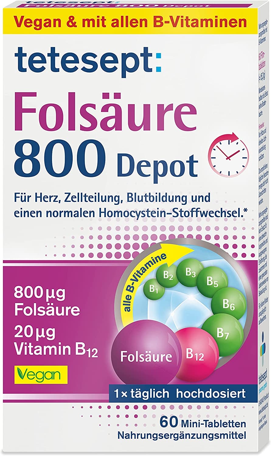 Produktbild von tetesept - Folsäure 800 Depot – Nahrungsergänzungsmittel mit Depot-Technologie - inklusive aller B-Vitamine für eine Rundumversorgung - Vegan – 1 x 60 Minitabletten
