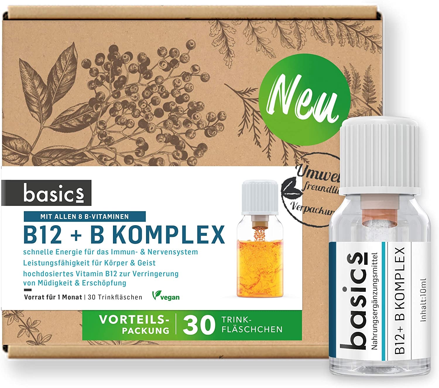 Produktbild von basics Hochdosierter Vitamin B12 B-Komplex mit Folsäure, Niacin, Biotin zur Unterstützung des Immunsystems, 30 x 10 ml