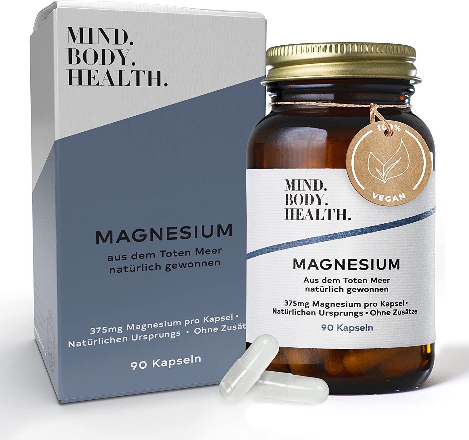 Produktbild von MIND.BODY.HEALTH. - Magnesium hochdosiert Kapseln ∣ Magnesium hochdosiert für das Nervensystem, gegen Müdigkeit ∣ hochdosiertes Magnesium pur ∣ 375mg elementares Magnesium pro Kapsel ∣ natürlich aus dem Toten Meer