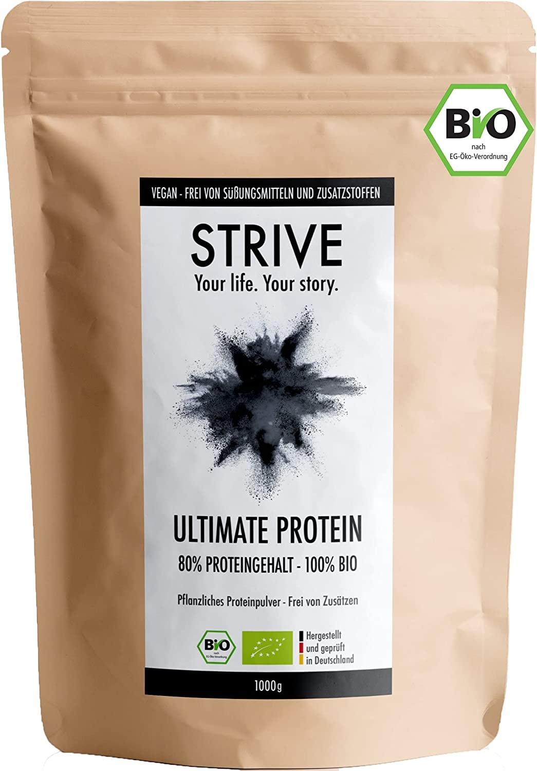 Produktbild von Bewertung Strive ULTIMATE PROTEIN 100% BIO Vegan 1 Kg Pflanzliches Bio-Proteinpulver aus gesprosstem Reis, Erbse und Hanf Frei von Aromen und Süßungsmitteln aus Liebe zum Bizeps Veganes Eiweiß-Pulver DE-ÖKO-039