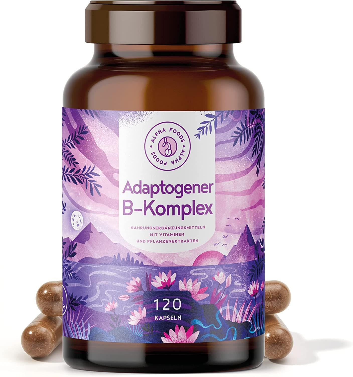 Produktbild von Bewertung Alpha Foods Adaptogener Vitamin B Komplex mit Extrafolate-S®, Ashwagandha für natürliches Stress-Management mit 5 ayurvedischen Adaptogenen u.a. Ashwagandha, Astragalus, Aronia und Rosenwurz - 120 Kapseln