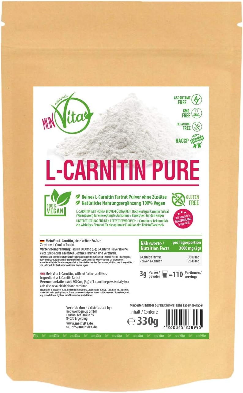 Produktbild von Bewertung Mein Vita L-Carnitin PUR 330g Beutel Reines L-Carnitin Tartrat Pulver ohne Zusätze 100% pur