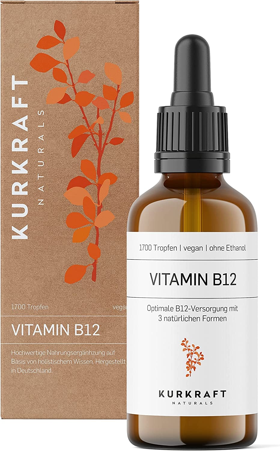 Produktbild von KURKRAFT Vitamin B12 Tropfen (50ml) Vegan & alkoholfrei alle 3 natürlichen Formen beide Aktiv-Depotform laborgeprüft ohne Zusätze in Deutschland produziert