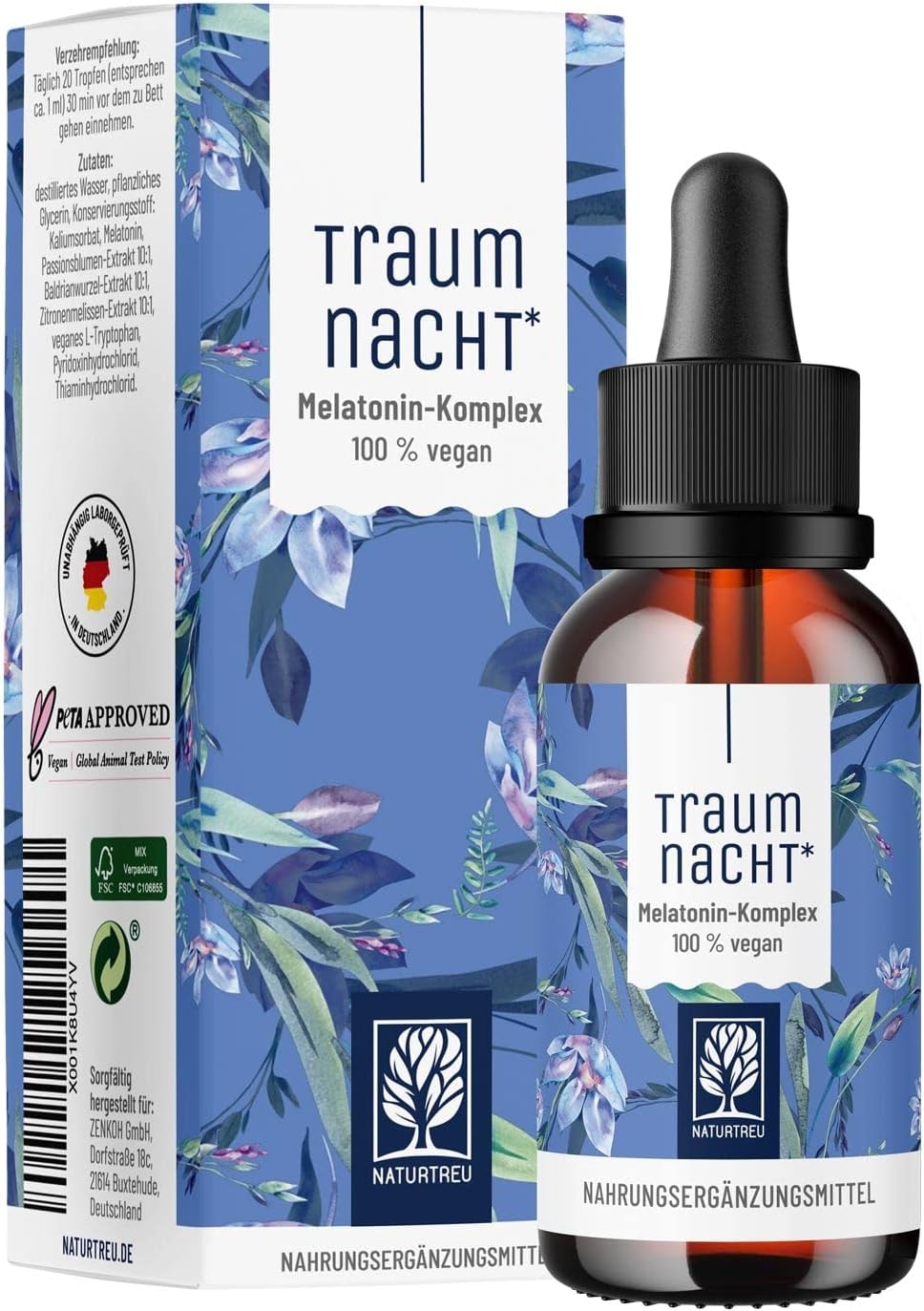 Produktbild von Bewertung NATURTREU® Traumnacht Melatonin Tropfen 50ml Alternative zu Melatonin Einschlafspray o. Melatonin Tabletten mit Baldrian Passionsblume Zitronenmelisse Einschlafhilfe Erwachsene bei Jetlag