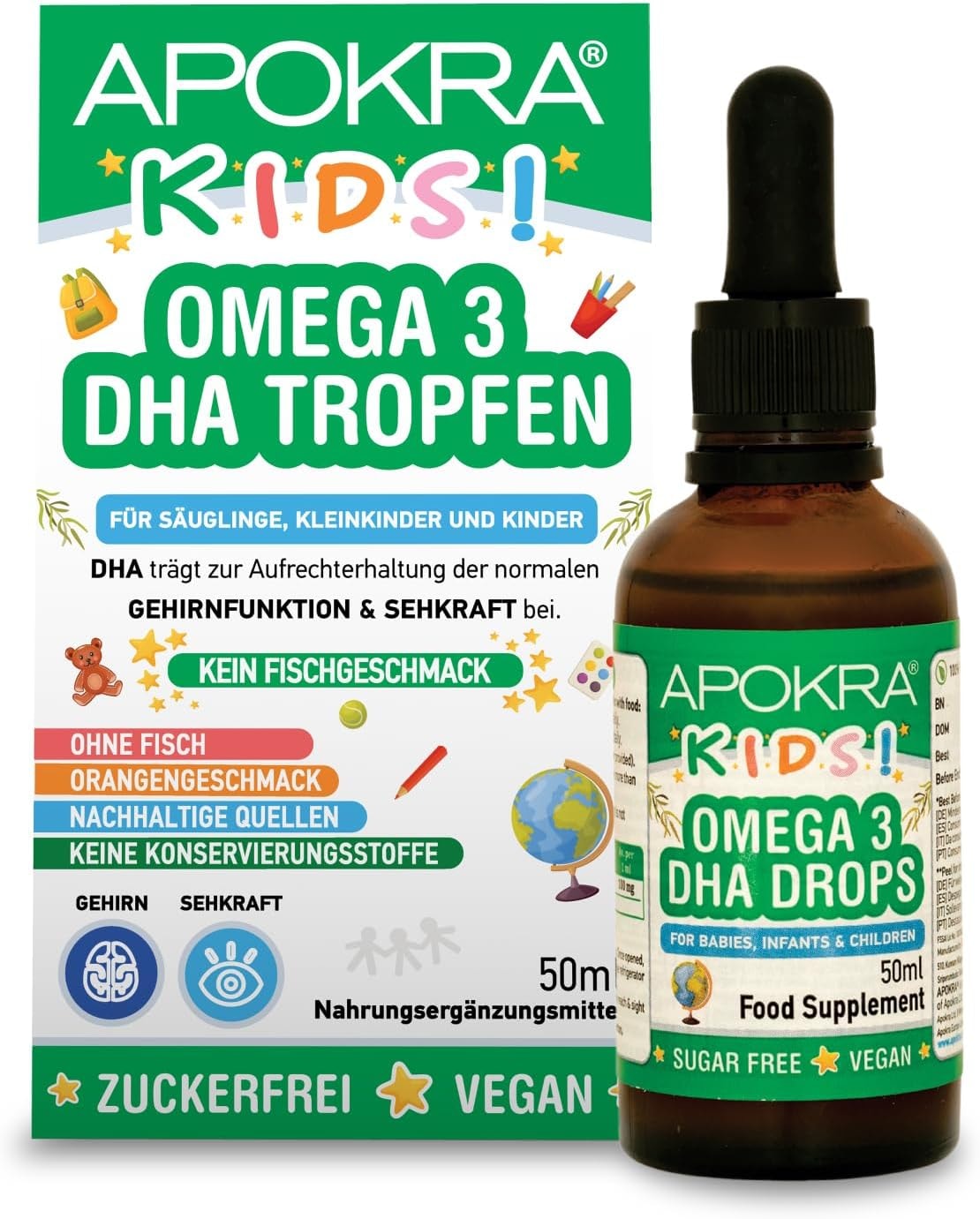 Produktbild von Bewertung APOKRA Kids Vegan Omega 3 Algenöl für Säuglinge Kleinkinder und Kinder aus Indien ohne Fischgeschmack Nachhaltiges Algenöl Alternative zu Fischöl 50 ml APOKRA Kids Vegan Omega 3 Algenöl