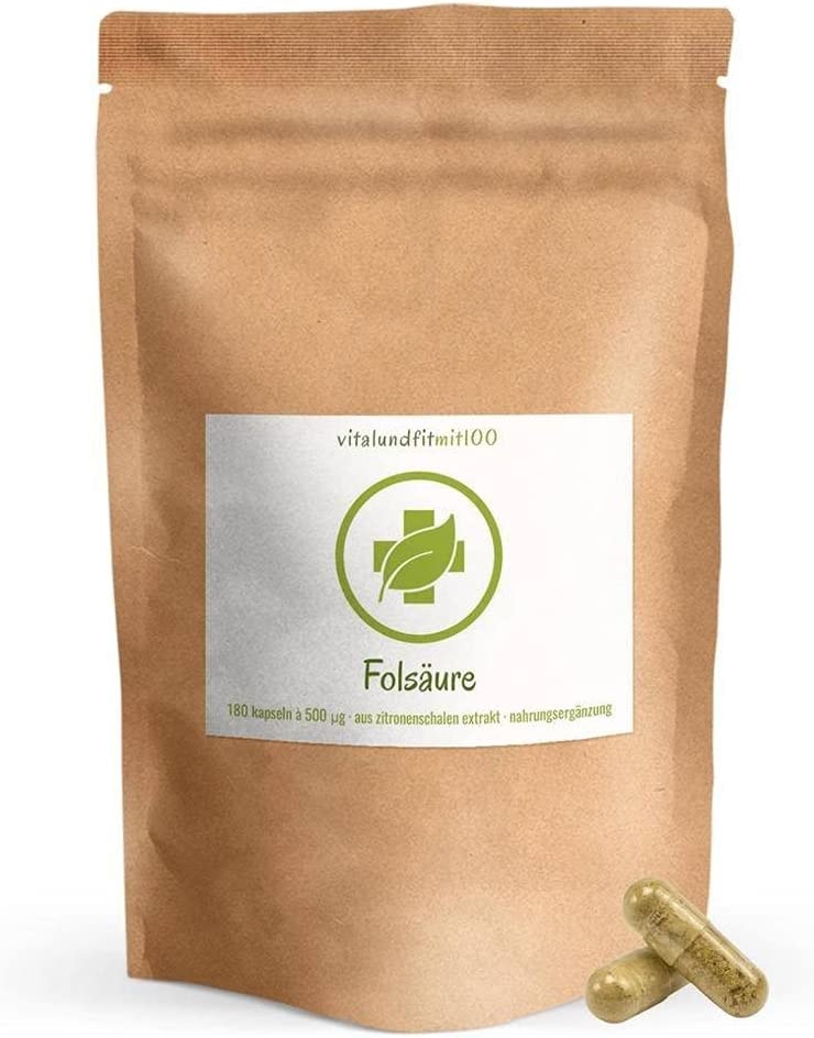 Produktbild von vitalundfitmit100 - Folsäure Kapseln - 180 Stück - hochkonzentriert mit 500 µg - aus natürlichem, rein pflanzlichem Zitronenschalen-Extrakt - hohe Bioverfügbarkeit - ohne Hilfs- und Zusatzstoffe - MADE IN GERMANY
