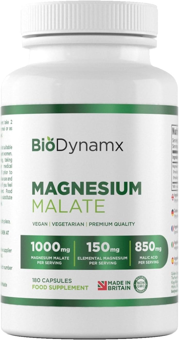 Produktbild von Bewertung BioDynamx Magnesium Malat 180 Magnesium Malat Kapseln 1000 mg Magnesiummalat pro Portion Magnesium hochdosiert Gentechnik-, Gluten- und Allergenfrei