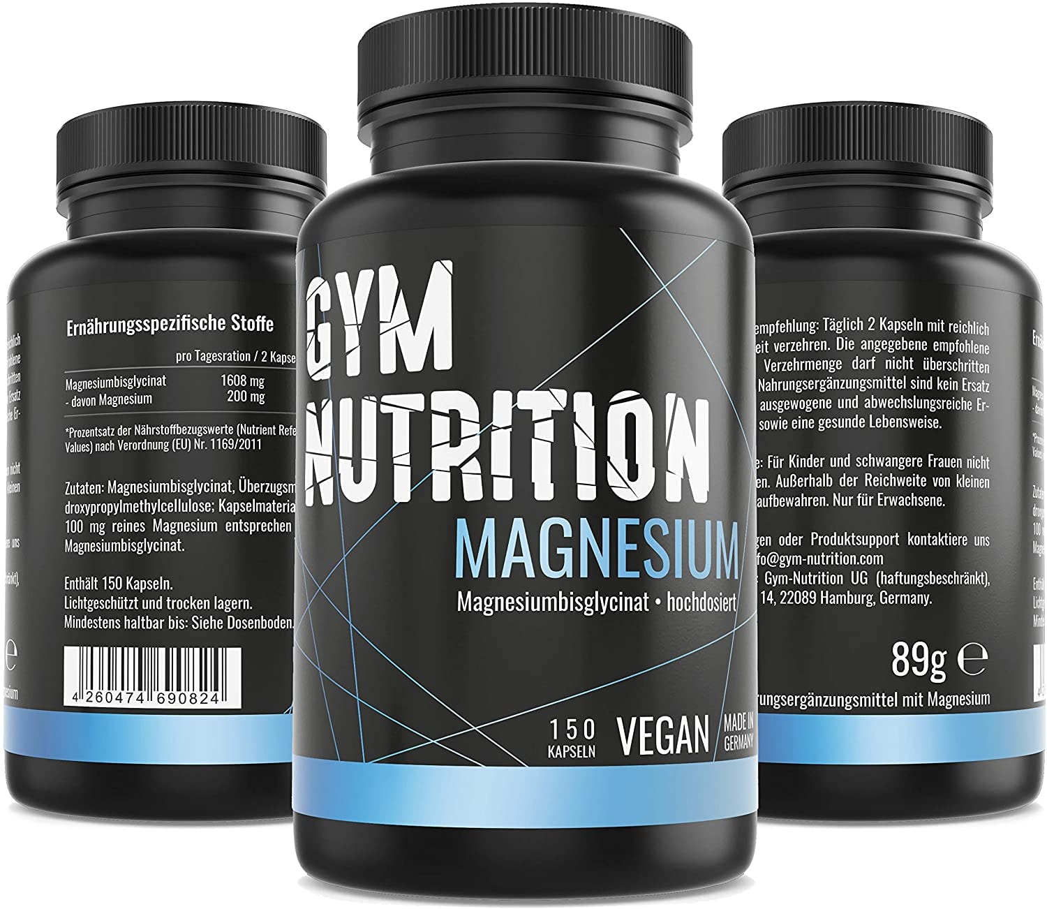 Produktbild von ‎Gym Nutrition - Magnesium – Hochdosiert – Laborgeprüft - Magnesium-Bisglycinat – 100mg reines Magnesium pro Kapsel ohne Zusätze — vegan - Made in Germany — 150 Kapseln
