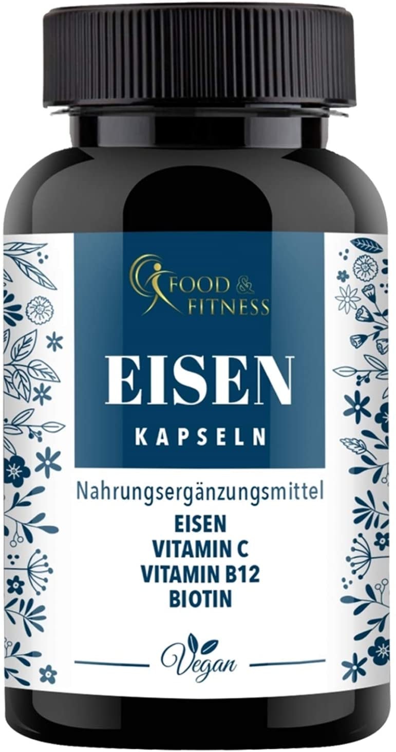 Produktbild von Food & Fitness Eisen hochdosiert aus Premium Eisenbisglycinat + 40mg natürliches Vitamin C aus Hagebutte-Extrakt + Vitamin B12 + Biotin, vegan, hergestellt in DE.