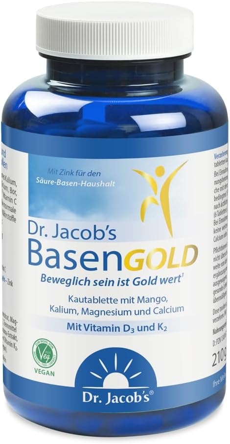 Produktbild von Bewertung Dr. Jacobs BasenGold 126 Kautabletten reich an Kalium Magnesium Calcium Vitamin C D3 K2 für Knochen Muskeln und Immunsystem vegan