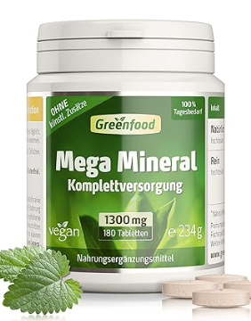 Produktbild von Bewertung Greenfood Megamineral Filmtabletten hochdosiert 180 Tabletten vegan Mineralstoff-Komplex Spurenelemente Magnesium Calcium Zink Selen Jod Knochen Haare Nägel Nerven