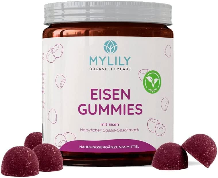 Produktbild von MYLILY® EISEN Vitamin Gummies | Mit dem wertvollen Vitamin Eisen(II)-Laktat | 100% VEGAN & OHNE ZUCKERZUSATZ | Natürlicher Cassis-Geschmack | 80 Gummies | Vollständig recyclebare PET-Dose