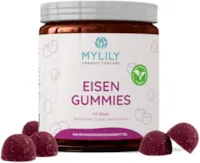 Produktbild von MYLILY® EISEN Vitamin Gummies | Mit dem wertvollen Vitamin Eisen(II)-Laktat | 100% VEGAN & OHNE ZUCKERZUSATZ | Natürlicher Cassis-Geschmack | 80 Gummies | Vollständig recyclebare PET-Dose