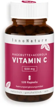 InnoNature natürliches Vitamin C aus Acerola-Extrakt und Hagebutte-Extrakt. Hochdosierte 600mg - 120 Kapseln im 2 Monatsvorrat. Hohe Verwertbarkeit, vegan + hergestellt in DE.