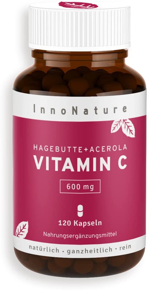 Produktbild von Bewertung InnoNature natürliches Vitamin C aus Acerola-Extrakt und Hagebutte-Extrakt. Hochdosierte 600mg 120 Kapseln im 2 Monatsvorrat. Hohe Verwertbarkeit, vegan + hergestellt in DE.