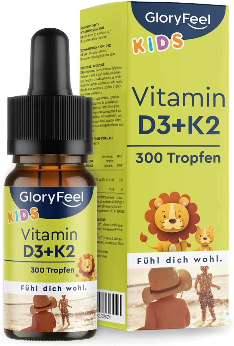 Produktbild von GloryFeel Vitamin D3 K2 Tropfen für Kinder ab 4 Jahren - 100% Vegan für 10 Monate - 500 IE Vitamin D aus Flechten & 25µg Vitamin K - Ohne jegliche Zusätze, laborgeprüft in Deutschland hergestellt