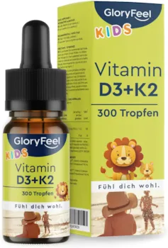 Produktbild von GloryFeel Vitamin D3 K2 Tropfen für Kinder ab 4 Jahren - 100% Vegan für 10 Monate - 500 IE Vitamin D aus Flechten & 25µg Vitamin K - Ohne jegliche Zusätze, laborgeprüft in Deutschland hergestellt