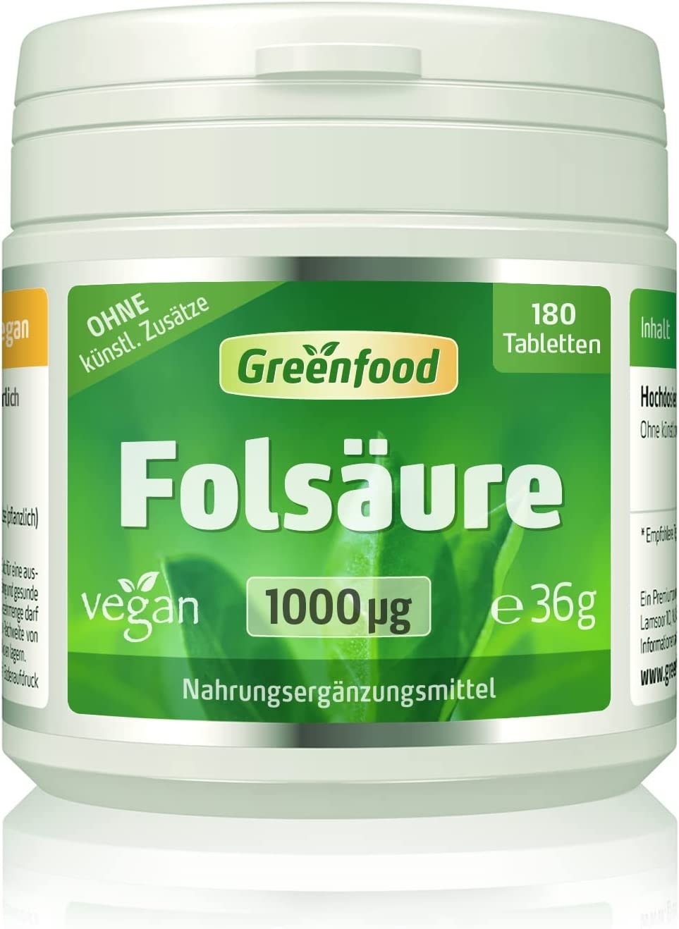 Greenfood - Folsäure, 1000 µg, extra hochdosiert, 180 Tabletten - für Blutbildung und Wundheilung, bei Kinderwunsch und Schwangerschaft, für Zellwachstum. OHNE künstliche Zusätze. Ohne Gentechnik. Vegan.