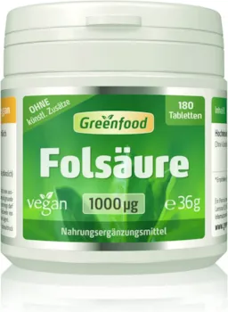 Produktbild von Greenfood - Folsäure, 1000 µg, extra hochdosiert, 180 Tabletten - für Blutbildung und Wundheilung, bei Kinderwunsch und Schwangerschaft, für Zellwachstum. OHNE künstliche Zusätze. Ohne Gentechnik. Vegan.