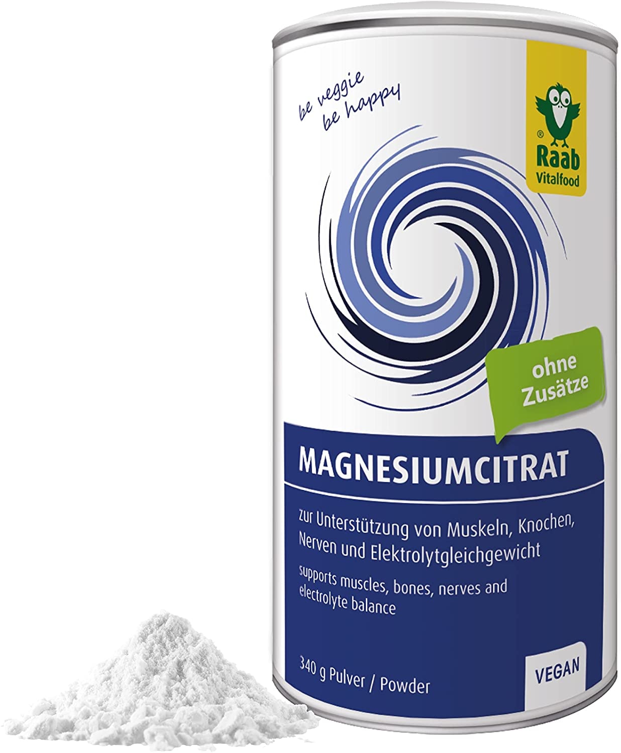 Produktbild von Raab Vitalfood Magnesiumcitrat Pulver, 340 g, vegan, laborgeprüft, gut zu dosieren, ideal für Sportler, zur Unterstützung von Muskeln Nerven, Elektrolyt-Haushalt