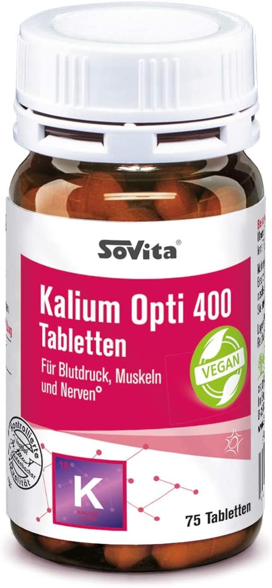 Produktbild von SoVita - Kalium Opti 400 Tabletten | 400 mg Kalium | für Blutdruck, Muskeln und Nerven 400 mg Kalium | Nahrungsergänzungsmittel | 75 Tabletten