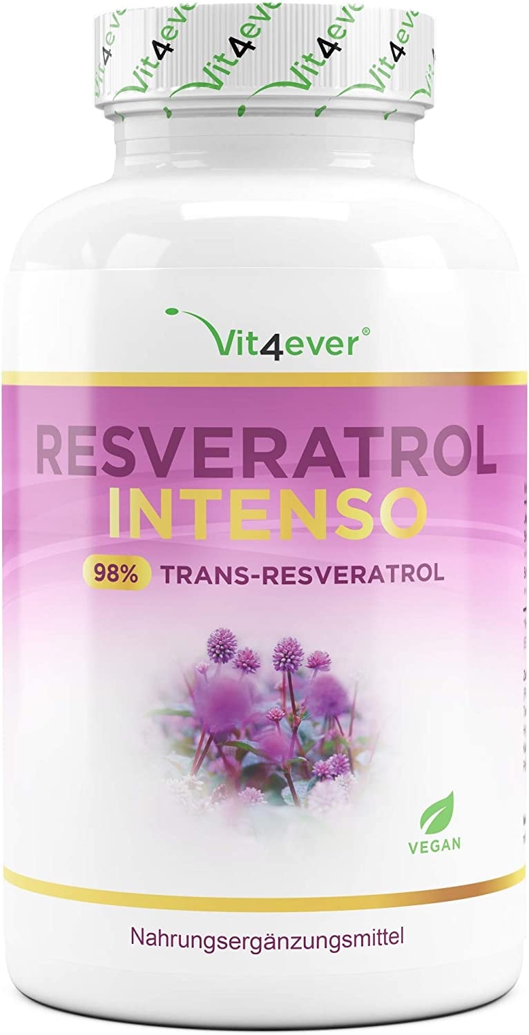 Produktbild von Vit4ever Resveratrol mit 500 mg pro Kapsel Premium: 98% Trans-Resveratrol aus japanischem Staudenknöterich Wurzel-Extrakt - 60 Kapseln - Laborgeprüft - Hochdosiert - Vegan