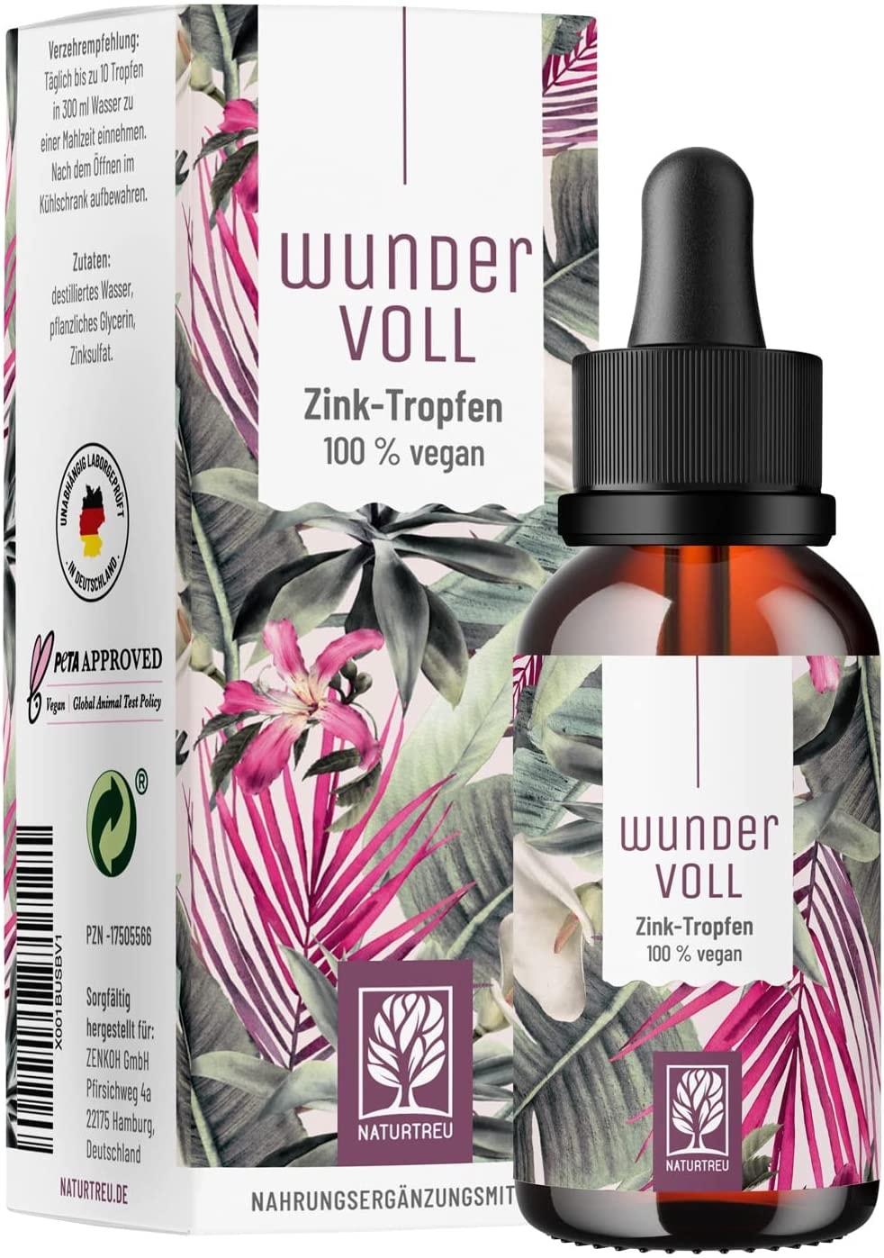 Produktbild von NATURTREU Wundervoll Zink Tropfen - 100% Vegan aus bioverfügbarem Zink-Sulfat ohne Alkohol - 1700 Tropfen (50ml) flüssiges Zink (ionisches zink hochdosiert) mit 15mg pro Tagesdosis Wundervoll von Naturtreu