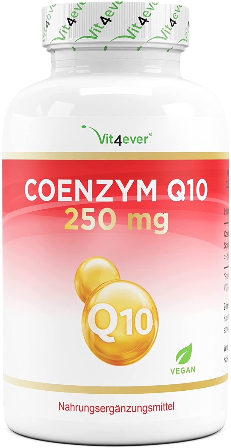 Produktbild von Vit4ever Coenzym Q10 250 mg je Kapsel 120 vegane Kapseln Premium Q10 aus pflanzlicher Fermentation + Piperin - 100% Ubichinon - Laborgeprüft - Vegan - Hochdosiert