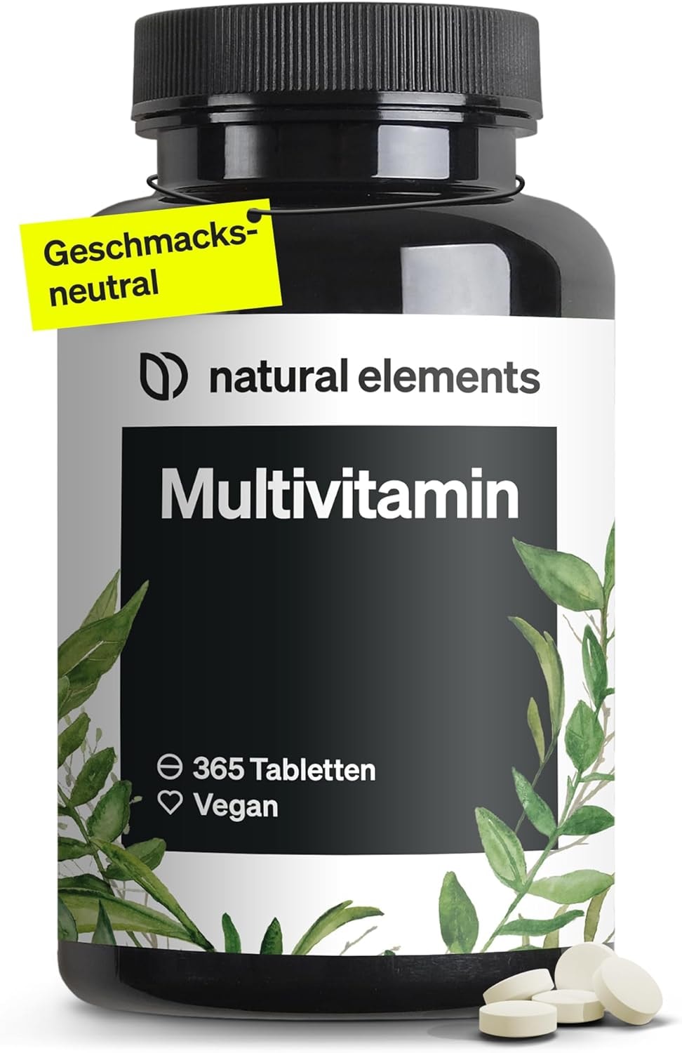 Produktbild von Bewertung natural elements Multivitamin 365 vegane Tabletten Jahresvorrat wertvolle Vitamine A-Z mit Vitamin K1 und K2 ohne unnötige Zusätze in Deutschland produziert laborgeprüft