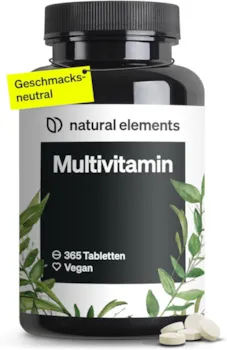 Produktbild von Bewertung natural elements Multivitamin 365 vegane Tabletten Jahresvorrat wertvolle Vitamine A-Z mit Vitamin K1 und K2 ohne unnötige Zusätze in Deutschland produziert laborgeprüft