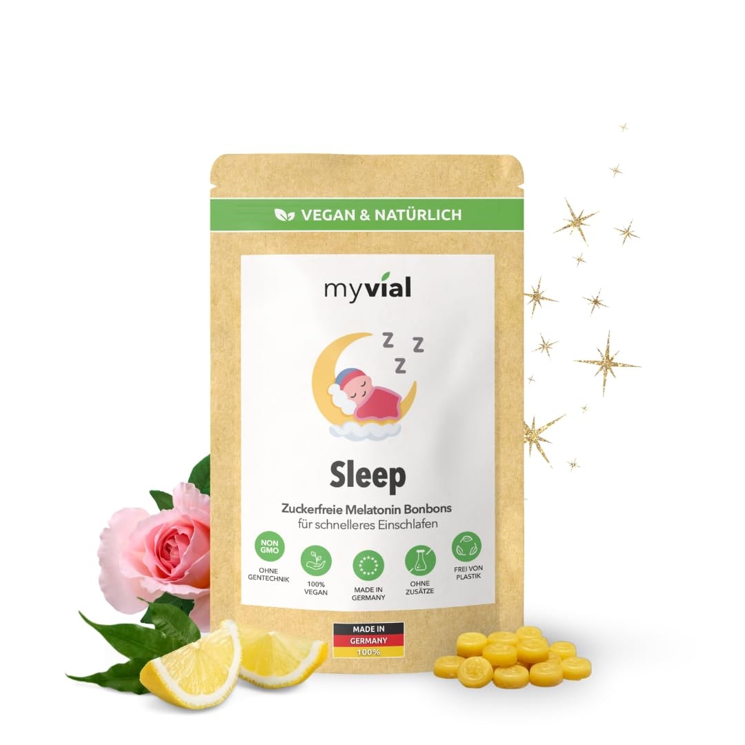 Produktbild von Bewertung myvial Sleep Melatonin Bonbons zuckerfrei 60 Stück Schlaf Lutschbonbon ohne Zucker Alternative zu Melatonin Kapseln vegan produziert in Deutschland