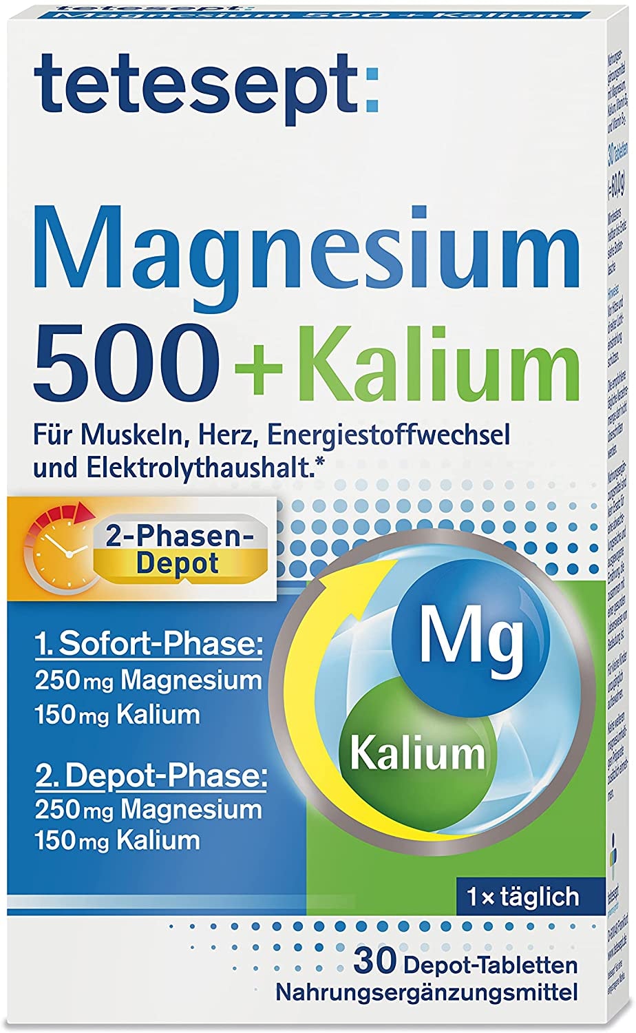 Produktbild von tetesept Magnesium 500 + Kalium – Nahrungsergänzungsmittel mit Magnesium für Muskeln, Herz & Nervensystem – 1 x 30 Tabletten