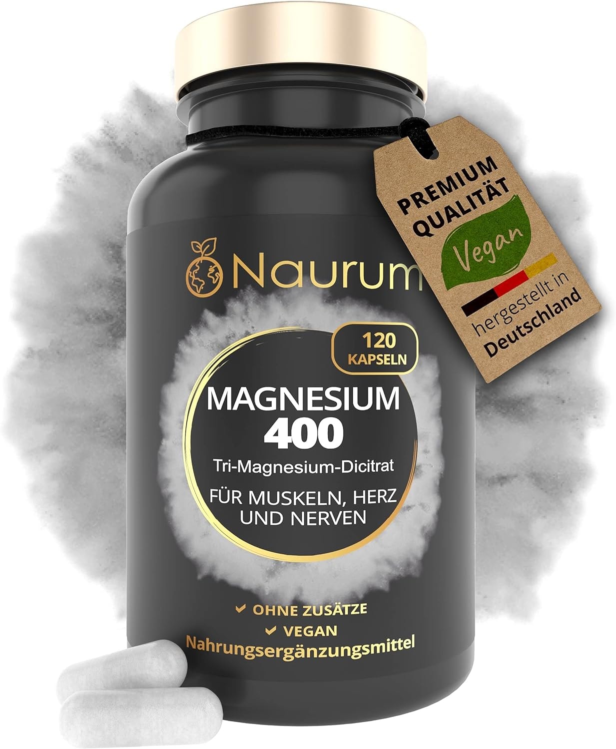 Produktbild von Bewertung NAURUM MAGNESIUM 400 reines elementares Magnesium Tri Magnesium Dicitrat 120 vegane hochdosierte Kapseln 400mg laborgeprüft in Deutschland produziert