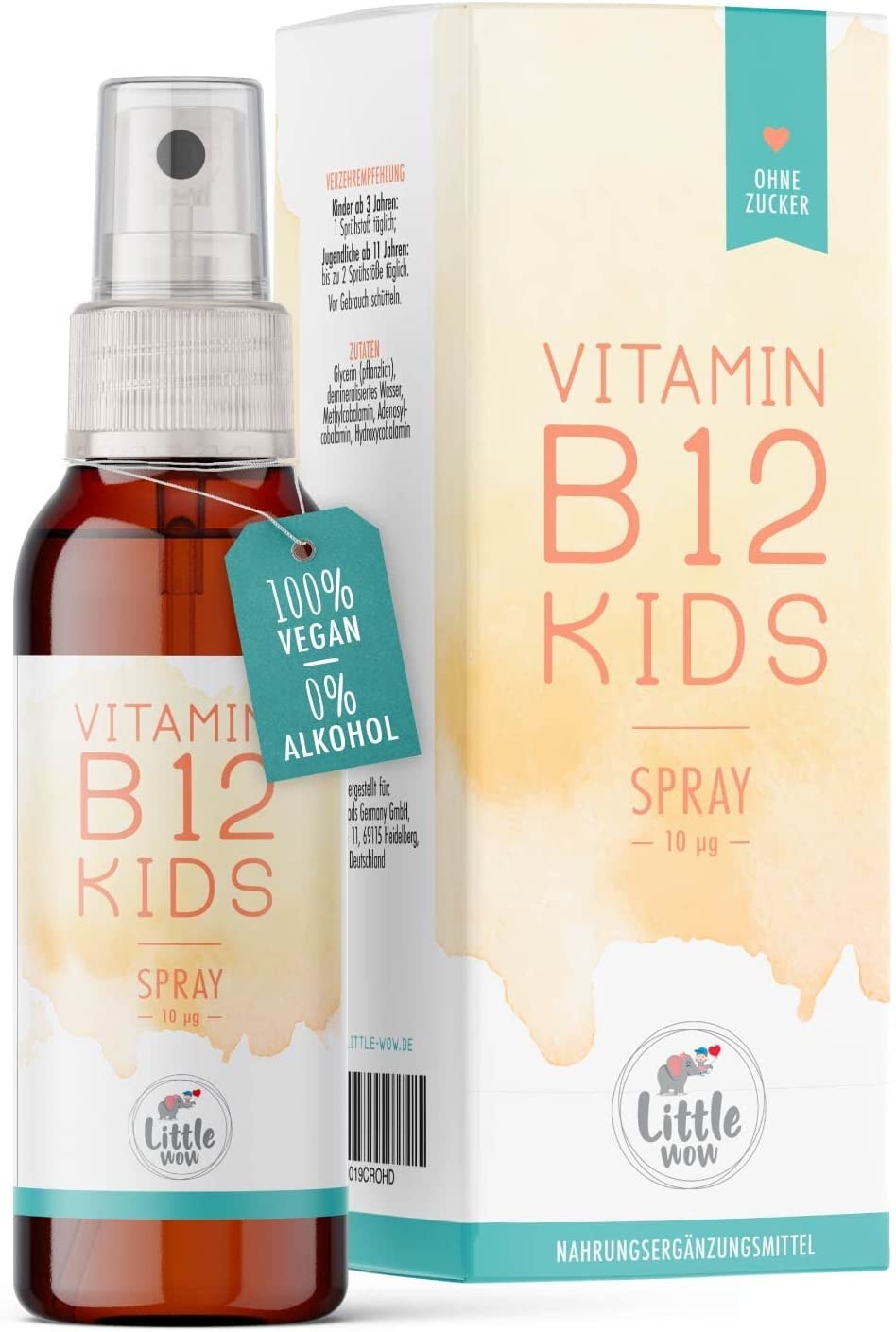 Produktbild von Little Wow Daily Vegan Vitamin B12 Spray Speziell für Kinder Vegane Für 195 Tage B12 Vitamin für Kinder B12 Vitamine Kinder 10 µg Tagesbedarf pro Sprühstoß