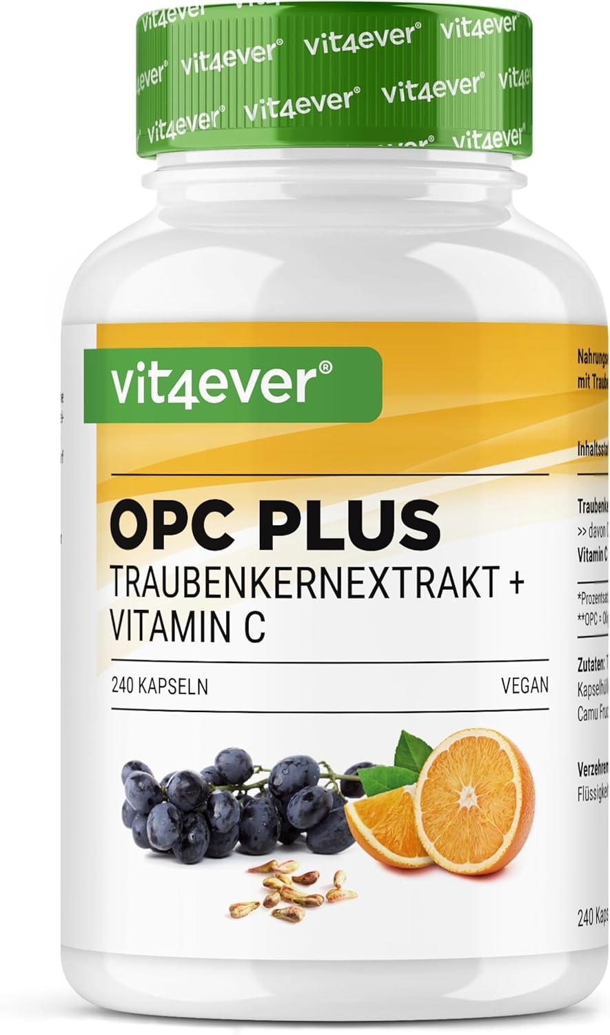 Produktbild von Bewertung Vit4ever OPC Traubenkernextrakt mit natürlichem Vitamin C aus Hagebutte und CamuCamu 240 Kapseln für 8 Monate OPC Gehalt nach HPLC aus Weintrauben vegan