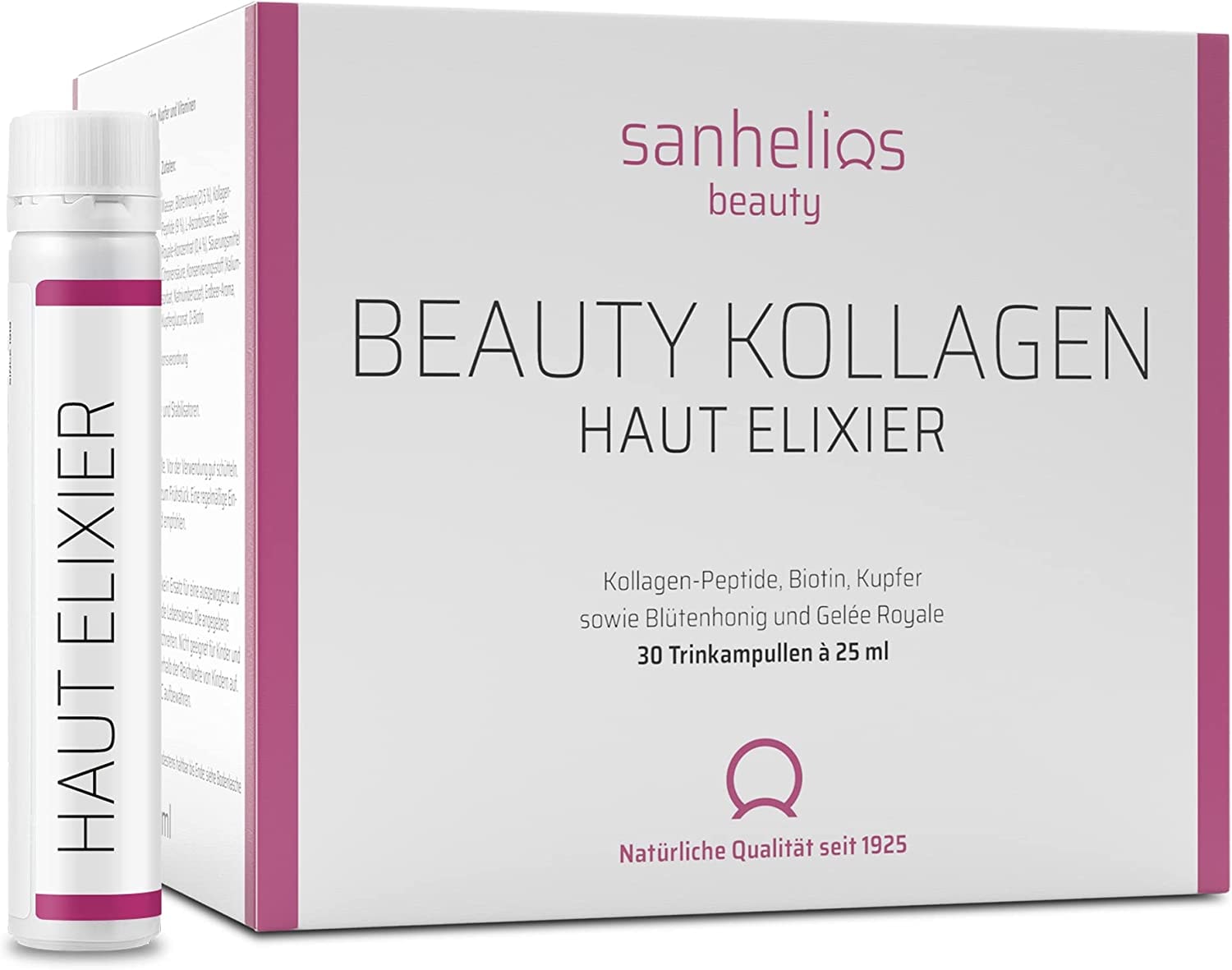 Produktbild von Bewertung sanhelios Beauty Kollagen HAUT-ELIXIER Anti Aging zum Trinken der Testsieger 30 Trinkampullen 2500 mg Premium-Kollagenpeptide Biotin, Kupfer & Vitamin C, Blütenhonig & Gelée Royale