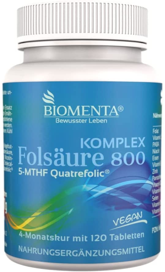 Produktbild von BIOMENTA Folsäure 800 Komplex – mit 800 mcg Folat (Quatrefolic), PABA, Natürliches Vitamin C, Vitamin D3, Vitamin E, Eisen uvm – vegan - 120 Folsäure Tabletten – 4 Monatskur