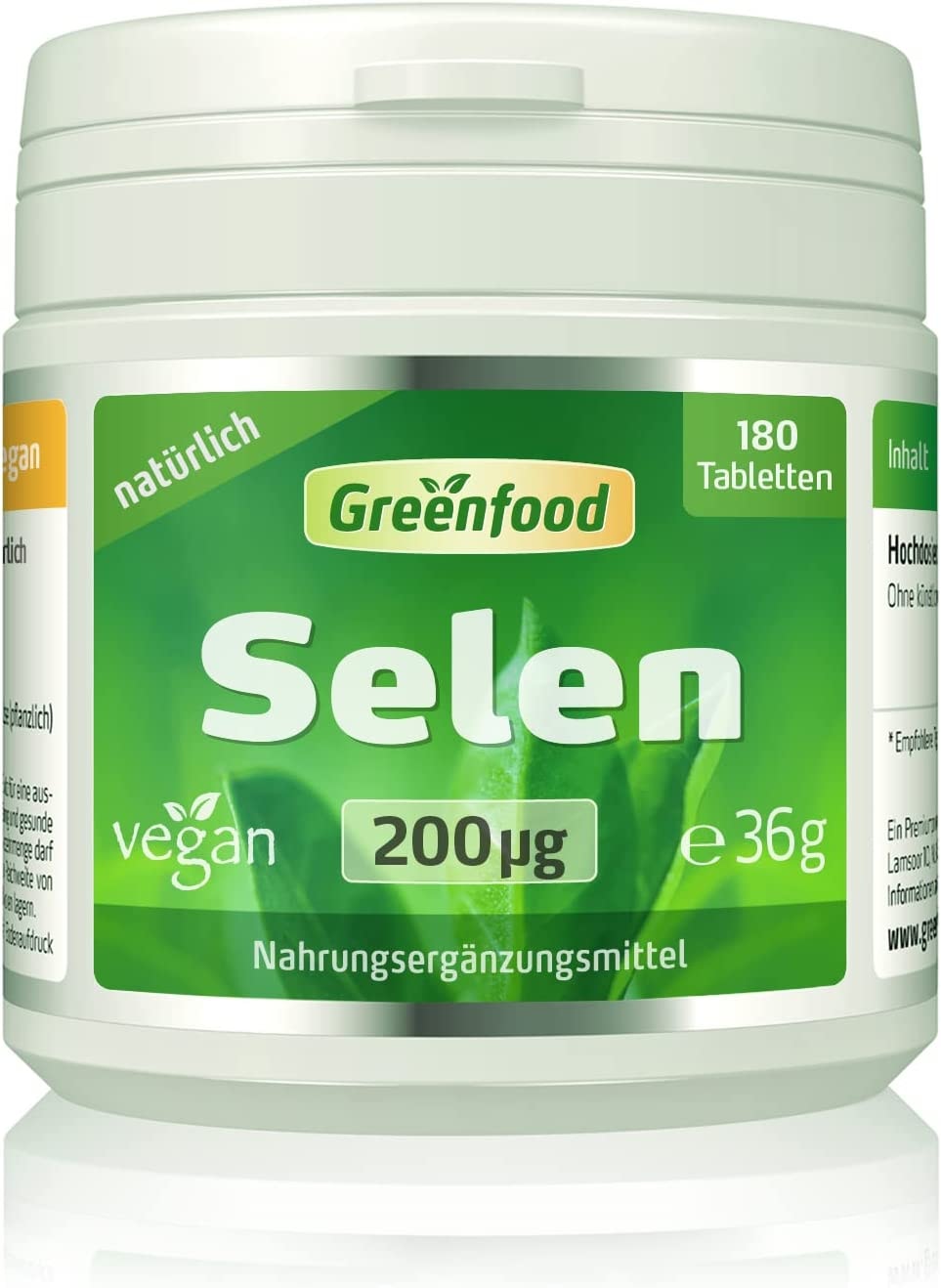 Produktbild von Greenfood - Selen, 200 µg, natürlich, 180 Tabletten, hochdosiert, vegan - gut für die Schilddrüse und das Immunsystem. OHNE künstliche Zusätze. Ohne Gentechnik.
