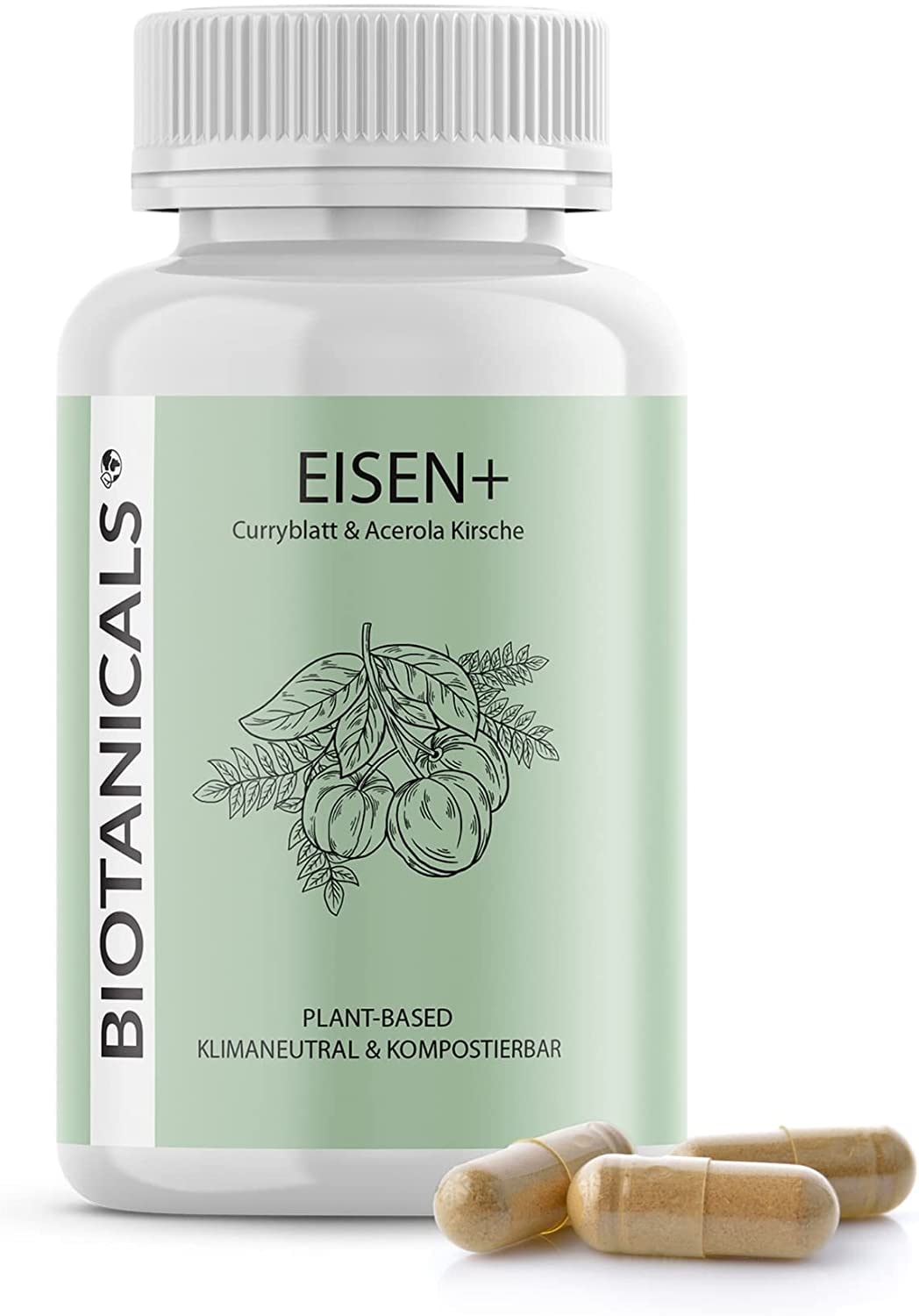 Produktbild von Biotanicals - Eisen Kapseln (120 Stück) - Pflanzliches Eisen hochdosiert, aus Curryblatt und Vitamin C aus Acerola Kirsche - für 4 Monate - CO2 neutral & kompostierbar - vegan