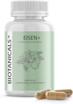 Produktbild von Biotanicals - Eisen Kapseln (120 Stück) - Pflanzliches Eisen hochdosiert, aus Curryblatt und Vitamin C aus Acerola Kirsche - für 4 Monate - CO2 neutral & kompostierbar - vegan