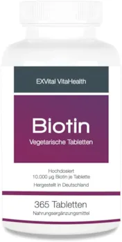 EXVital VitaHealth Biotin, EXVital für Haare, Haut und Fingernägel, hochdosiert, 10.000 µg, 365 Tabletten. ApoTest: "Sehr gut"