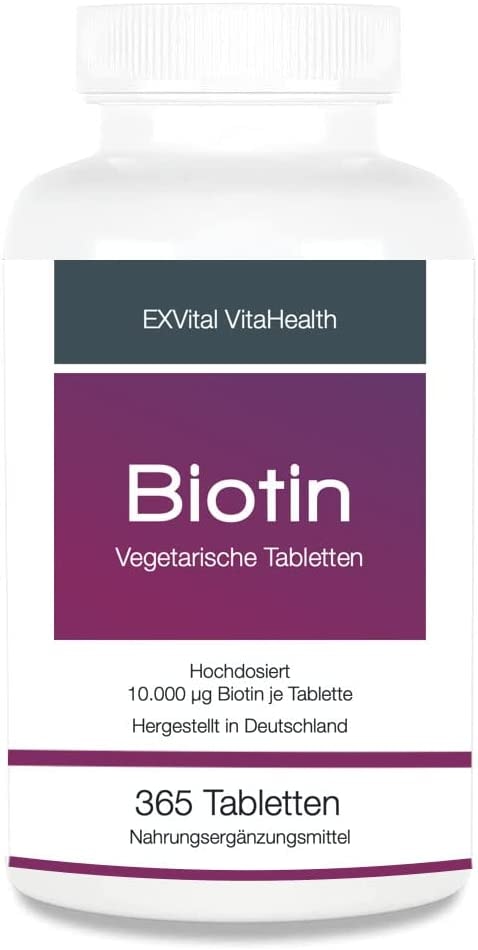 EXVital Vitahealth Biotin, EXVital für Haare, Haut und Fingernägel, hochdosiert, 10.000 µg, 365 Tabletten. ApoTest: "Sehr gut"