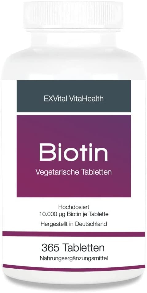 Produktbild von Bewertung EXVital VitaHealth Biotin EXVital für Haare, Haut und Fingernägel, hochdosiert, 10.000 µg, 365 Tabletten. ApoTest: "Sehr gut"