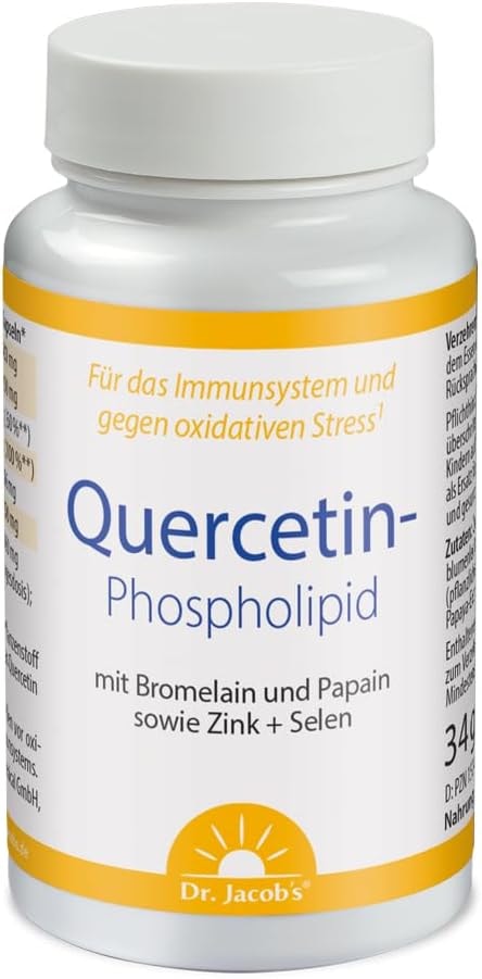 Produktbild von Bewertung Dr. Jacobs Quercetin Phospholipid 34,6 g 60 Kapseln 20 mal höhere Bioverfügbarkeit mit wertvollen Enzymen Bromelain, Papain, Zink & Selen für das Immunsystem gegen oxidativen Stress