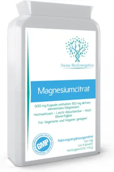 Swiss BioEnergetics MagnesiumCitrat, 500 mg, 120 Kapseln bietet 150 mg aktives Elemental-Magnesium, hohe Wirksamkeit – leicht absorbierbar – hochbiologisch verfügbar – hergestellt in Großbritannien