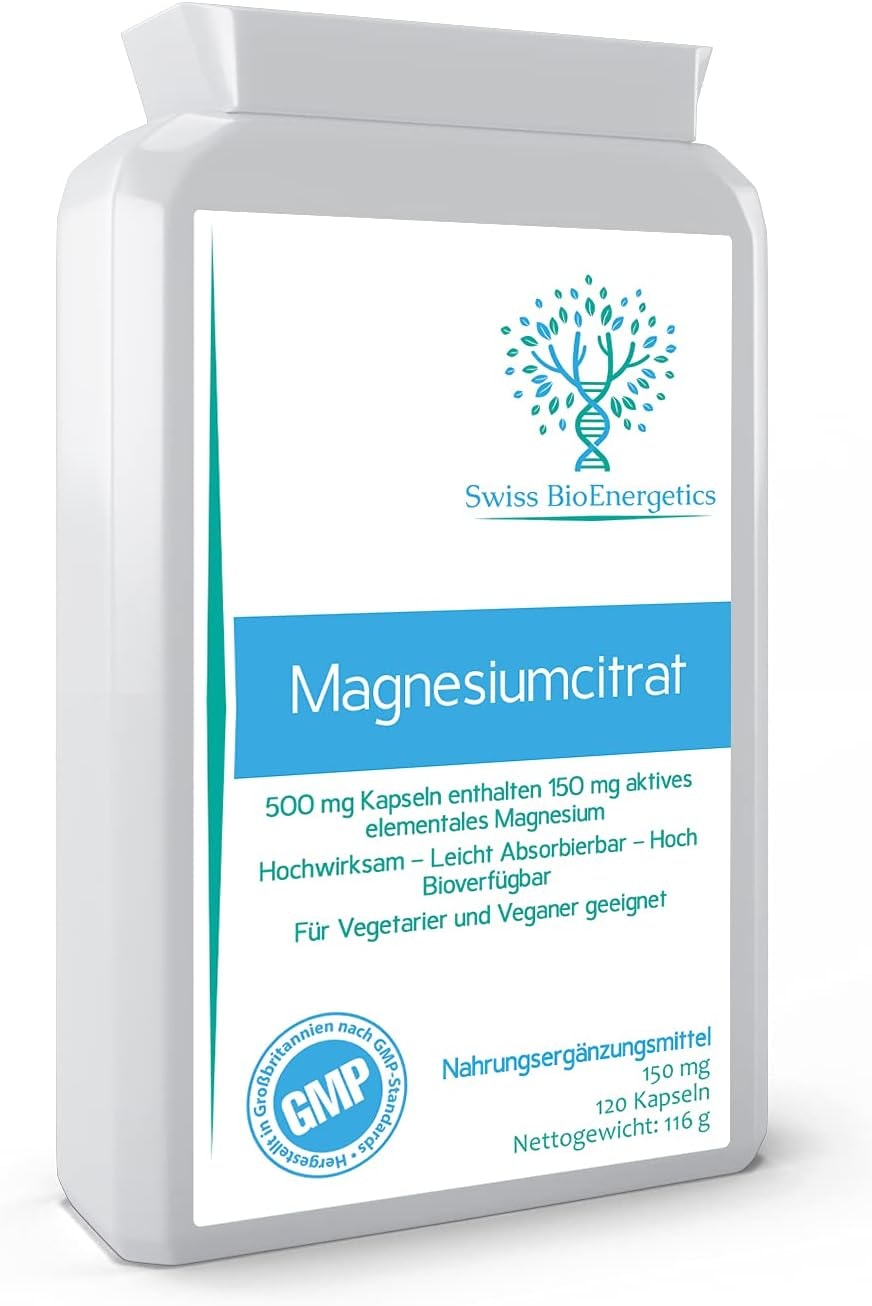 Produktbild von Bewertung Swiss BioEnergetics MagnesiumCitrat 500 mg 120 Kapseln bietet 150 mg aktives Elemental-Magnesium hohe Wirksamkeit leicht absorbierbar hochbiologisch verfügbar hergestellt in Großbritannien