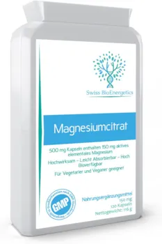 Produktbild von Bewertung Swiss BioEnergetics MagnesiumCitrat 500 mg 120 Kapseln bietet 150 mg aktives Elemental-Magnesium hohe Wirksamkeit leicht absorbierbar hochbiologisch verfügbar hergestellt in Großbritannien