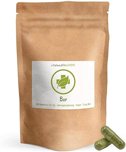 Vitalundfitmit100 - Bor (Boron) - 365 hochdosierte Kapseln aus Natriumborat à 3 mg Bor - höchste Bioverfügbarkeit - ideale Kombination aus Natriumborat und Bio Moringa Blattpulver - vegan, GMO-frei, Hergestellt in DE