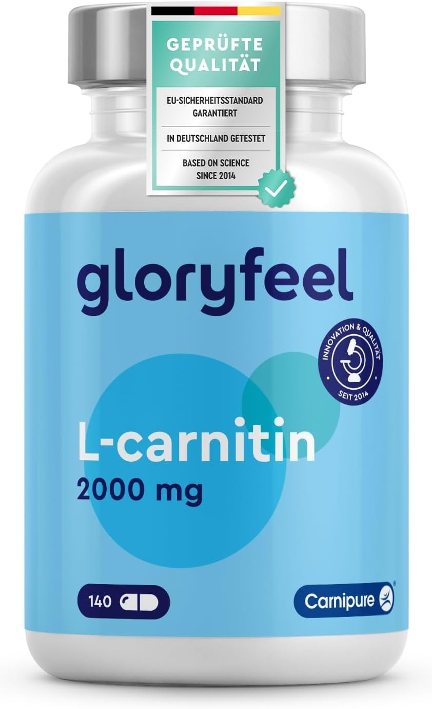 Produktbild von Bewertung GloryFeel L-Carnitin 2000mg Premium Carnipure von Lonza 140 Kapseln hochdosiertes L Carnitin vegan laborgeprüft ohne Zusätze in Deutschland hergestellt